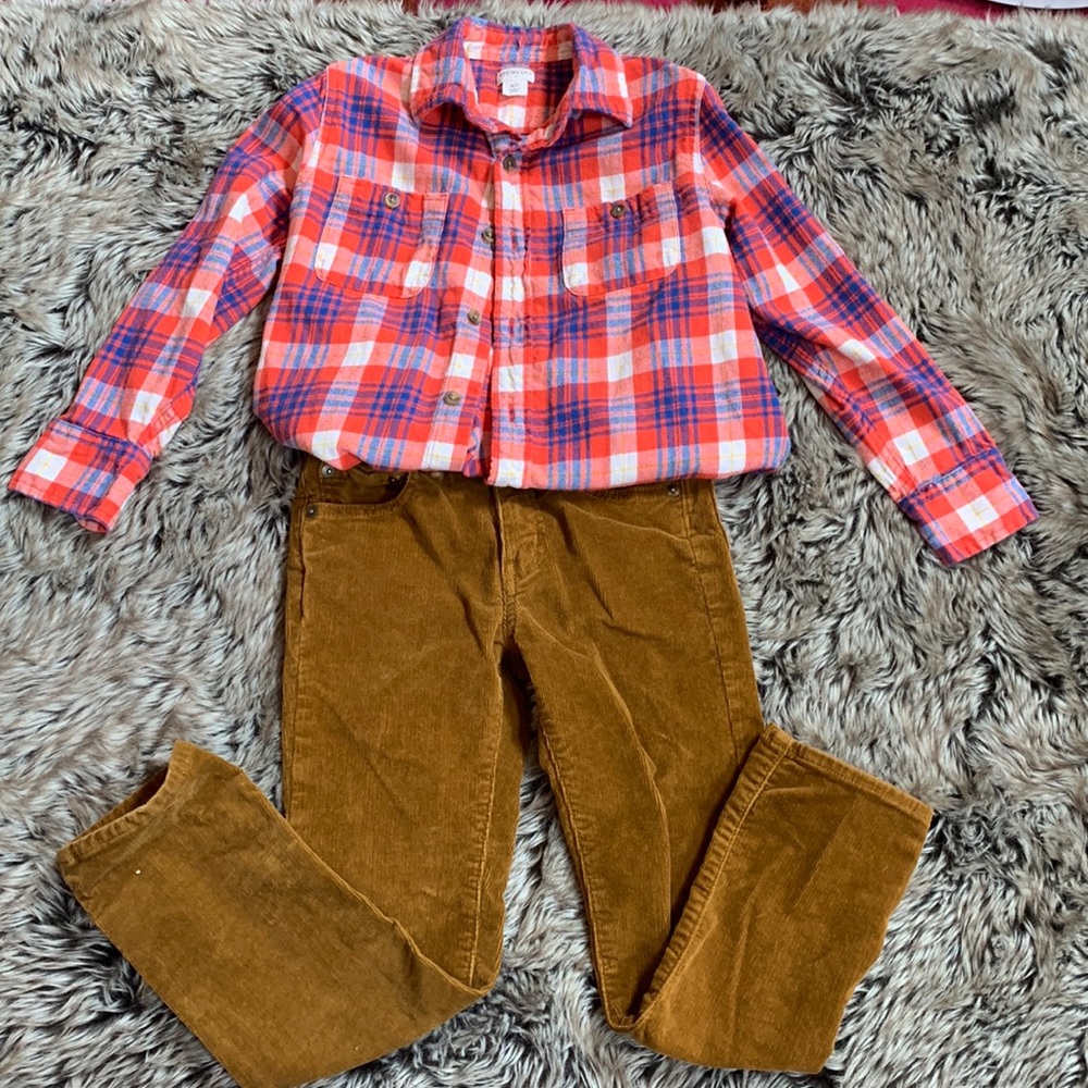 Crewcuts small wale cord pants and red-orange and blue button down shirt
